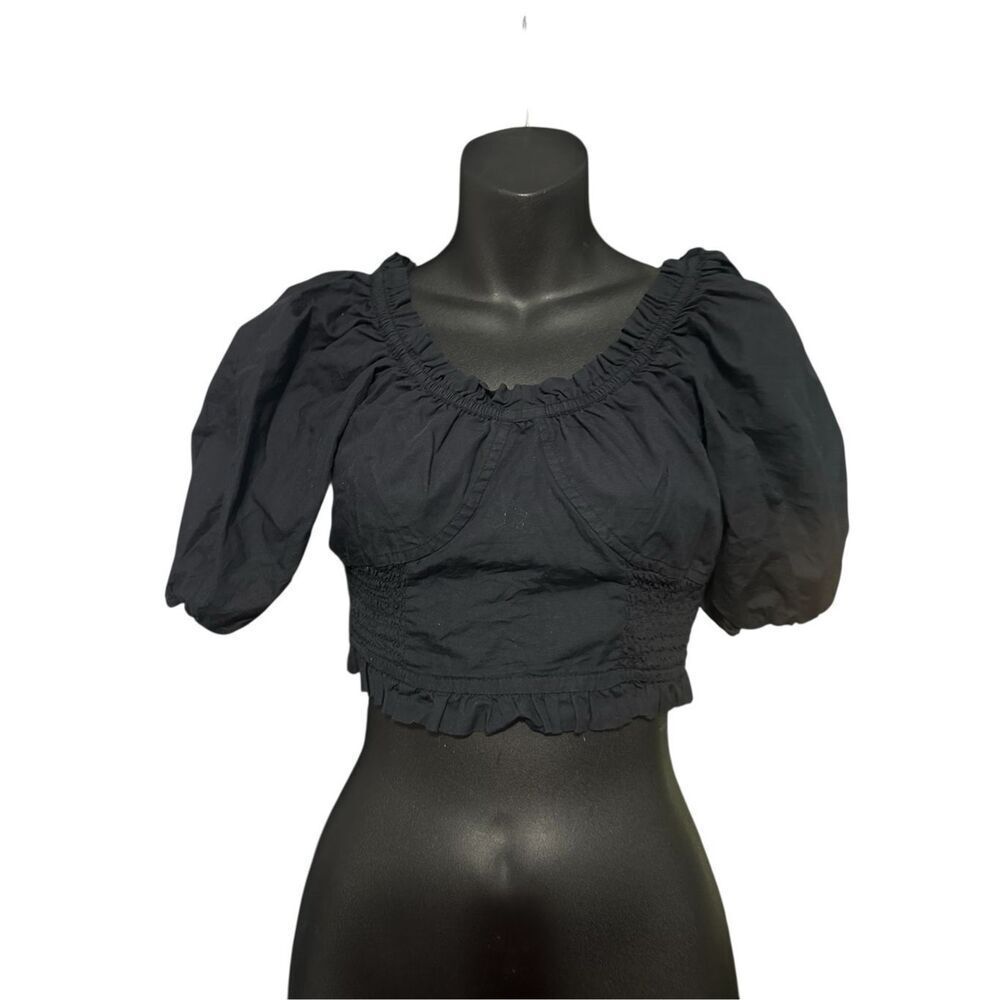 Beautiful women FREE PEOPLE Black Smocked Bustier Puff Sleeve Crop Top blouse  s